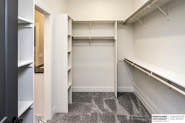 spacious closet featuring dark carpet