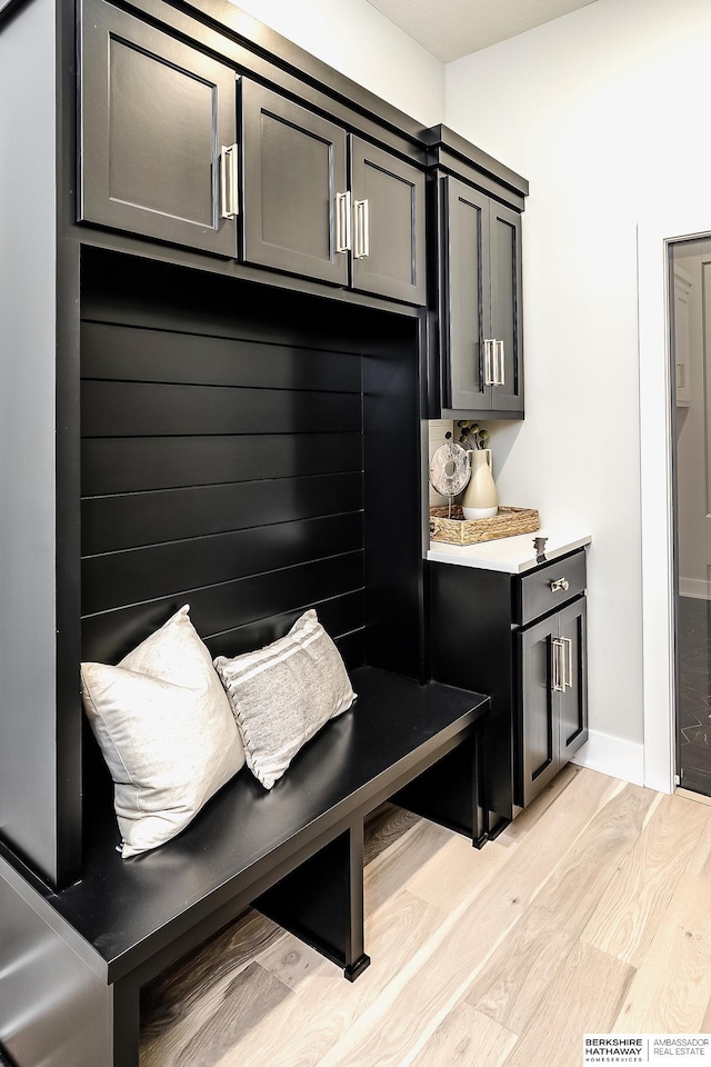 mudroom with light hardwood / wood-style flooring