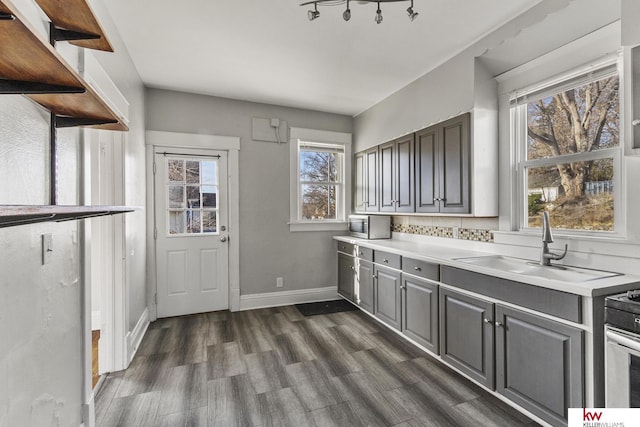 kitchen featuring decorative backsplash, plenty of natural light, dark hardwood / wood-style floors, and appliances with stainless steel finishes