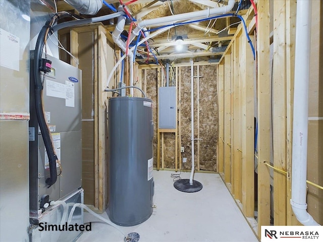 utility room with electric panel, electric water heater, and heating unit