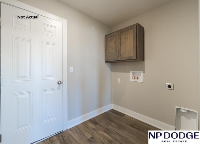 washroom featuring cabinets, hookup for a washing machine, dark hardwood / wood-style floors, and hookup for an electric dryer