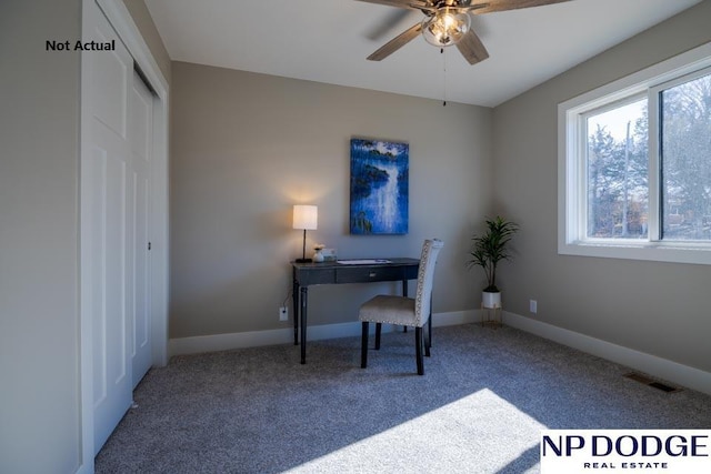 office area featuring ceiling fan and carpet floors