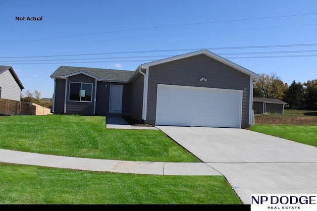 single story home with a garage and a front lawn