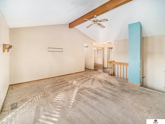 unfurnished living room featuring carpet flooring, lofted ceiling with beams, and ceiling fan