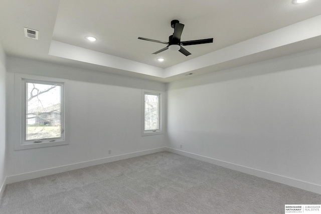 spare room with light carpet and a tray ceiling