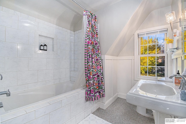 bathroom with sink, shower / bath combo, and tile patterned flooring