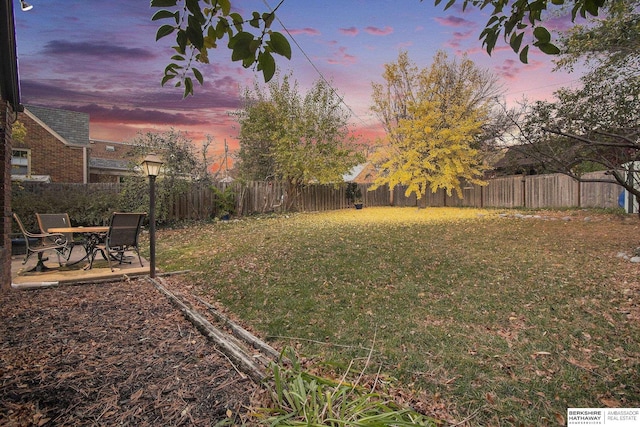 yard at dusk with a patio area