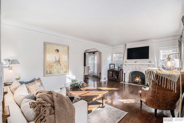 living room with a fireplace and dark wood-type flooring