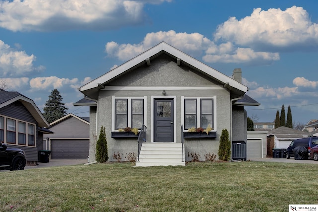 view of front of property with central AC unit, a garage, an outdoor structure, and a front lawn