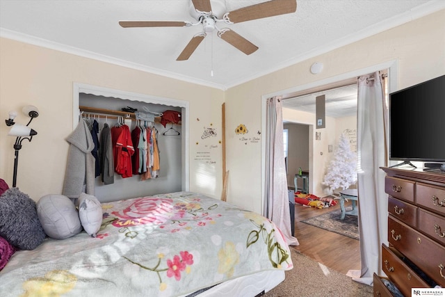 bedroom with ceiling fan, wood-type flooring, crown molding, and a closet