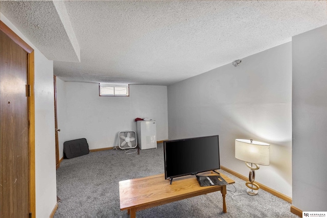 sitting room featuring carpet floors and a textured ceiling