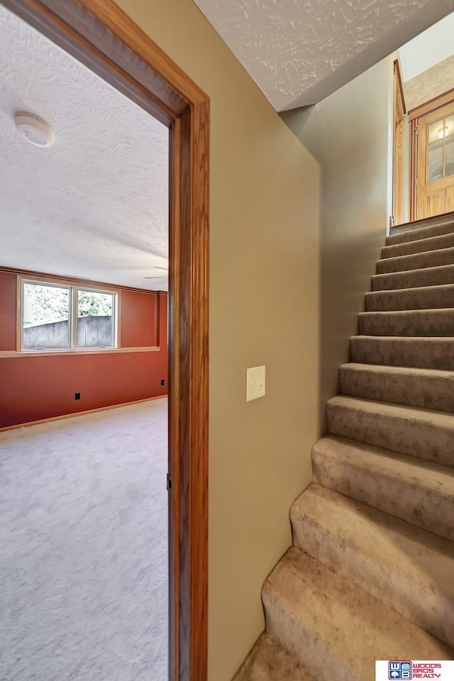 staircase featuring carpet flooring and a textured ceiling