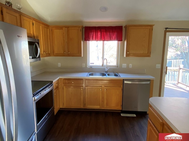 kitchen featuring sink, dark wood-type flooring, lofted ceiling, and appliances with stainless steel finishes