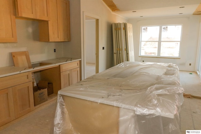 kitchen featuring light colored carpet and light brown cabinetry