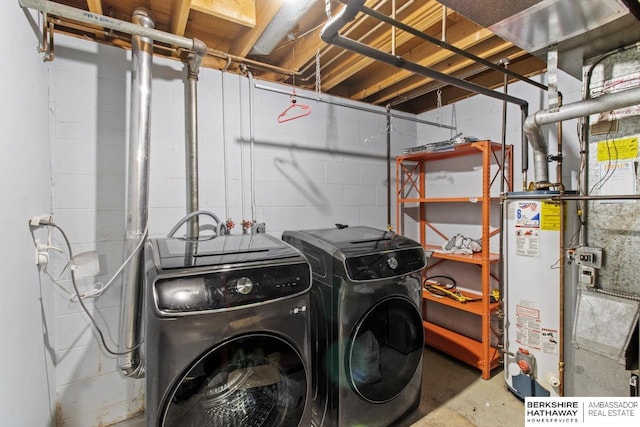 laundry room with washing machine and clothes dryer and water heater