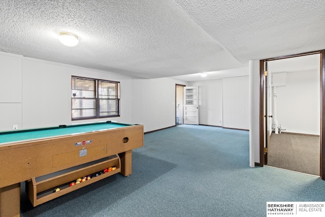 game room with carpet, a textured ceiling, and pool table