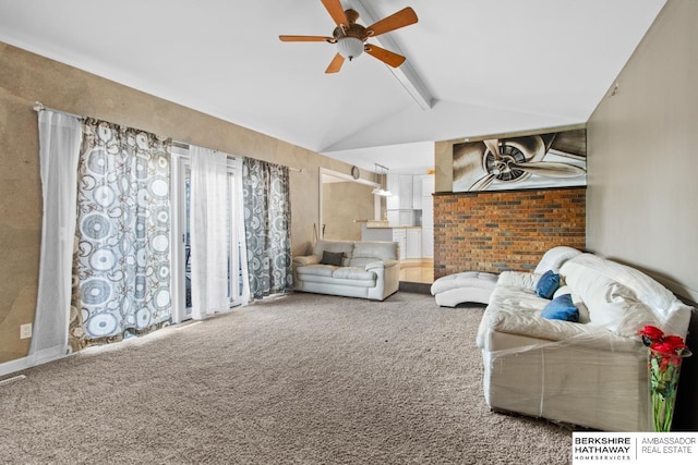 carpeted living room featuring ceiling fan and lofted ceiling with beams