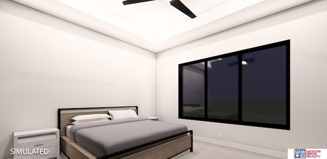 bedroom with light colored carpet and ceiling fan