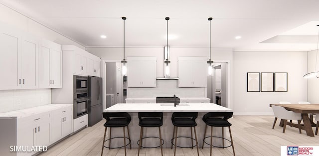 kitchen featuring a kitchen island with sink, tasteful backsplash, decorative light fixtures, white cabinetry, and stainless steel appliances