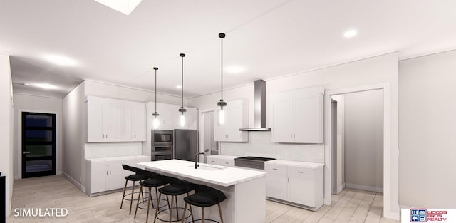 kitchen with sink, wall chimney exhaust hood, a center island with sink, white cabinets, and appliances with stainless steel finishes