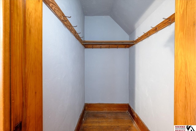 walk in closet with vaulted ceiling and dark wood-type flooring