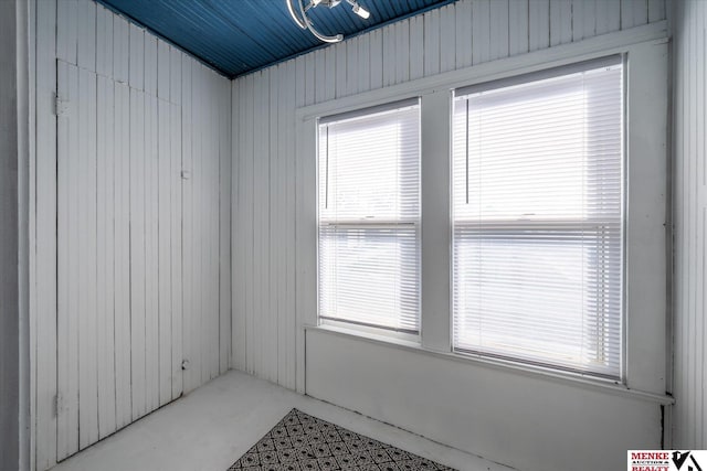 empty room with concrete flooring, wooden walls, and a healthy amount of sunlight