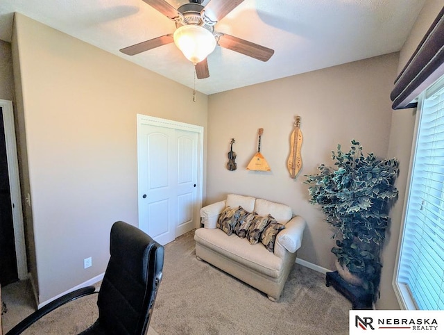 office space featuring ceiling fan and carpet floors