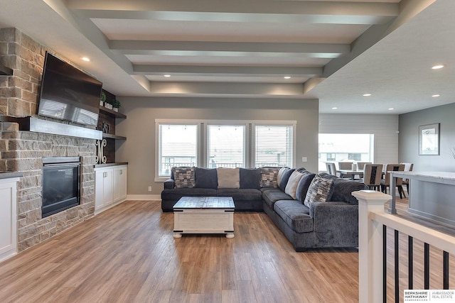 living room featuring a fireplace and light hardwood / wood-style floors