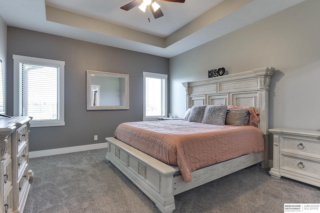 bedroom with dark colored carpet, ceiling fan, and a tray ceiling