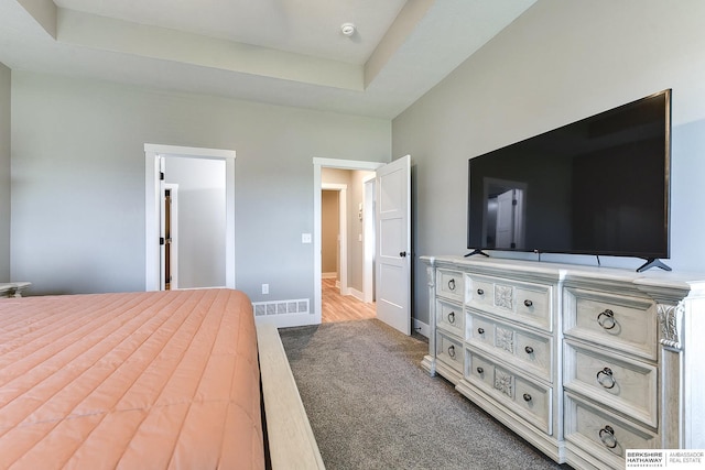 carpeted bedroom with a raised ceiling