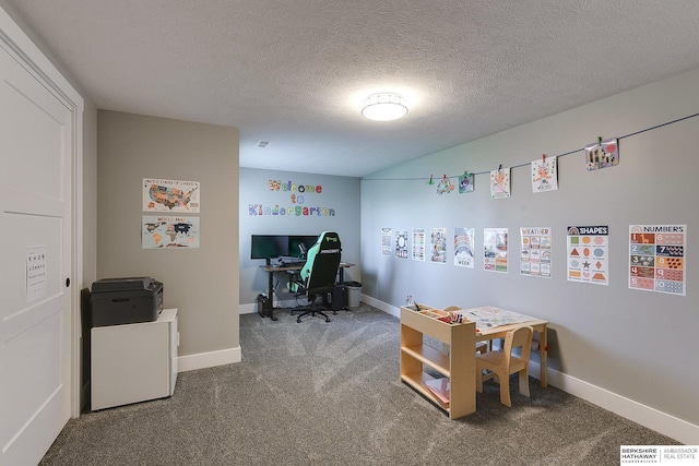 carpeted office space with a textured ceiling