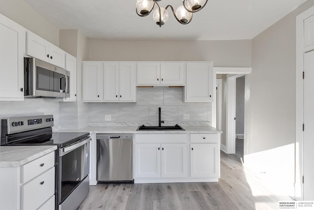 kitchen with sink, stainless steel appliances, decorative backsplash, white cabinets, and light wood-type flooring