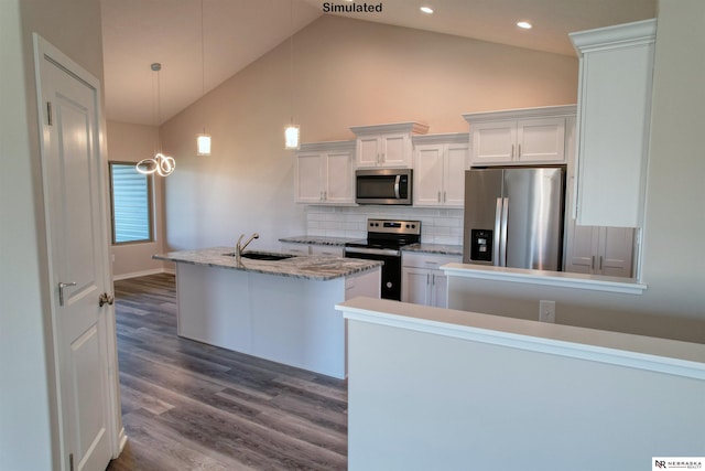 kitchen with stainless steel appliances, dark wood-type flooring, decorative light fixtures, high vaulted ceiling, and white cabinetry