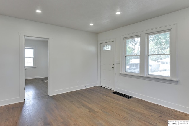 entrance foyer with plenty of natural light and dark hardwood / wood-style floors