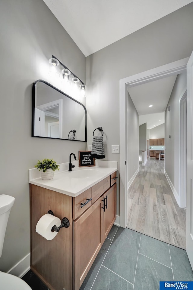 bathroom with vanity, hardwood / wood-style flooring, and toilet