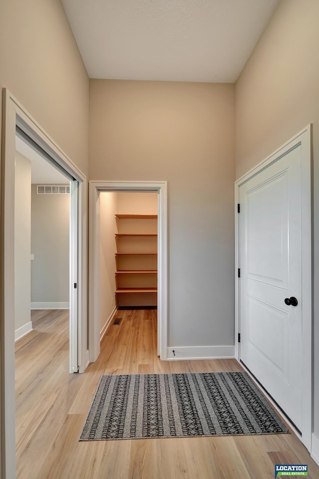 interior space featuring a towering ceiling and light hardwood / wood-style floors