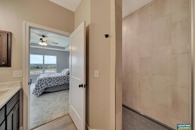 bathroom with ceiling fan, vanity, and hardwood / wood-style flooring