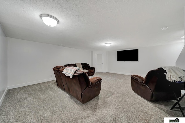 living room featuring light colored carpet and a textured ceiling