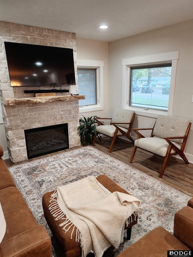 living room featuring a fireplace and hardwood / wood-style floors