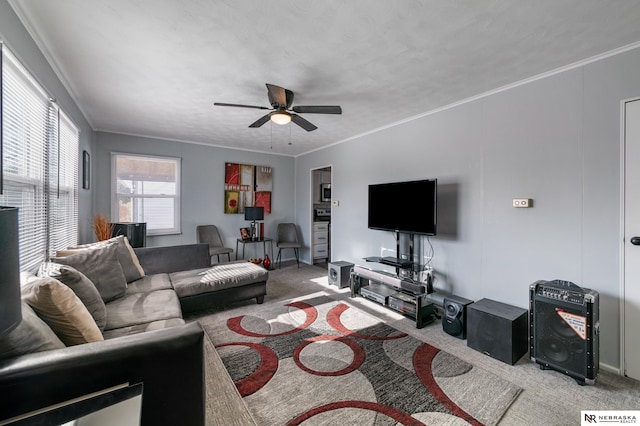 carpeted living room featuring ceiling fan and crown molding