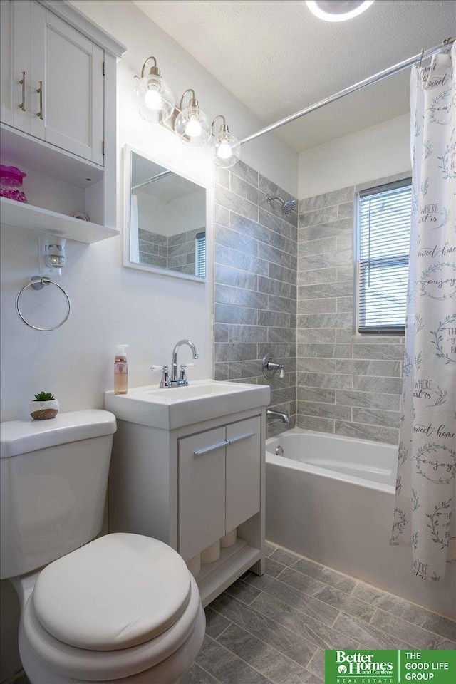 full bathroom with vanity, shower / bathtub combination with curtain, a textured ceiling, and toilet