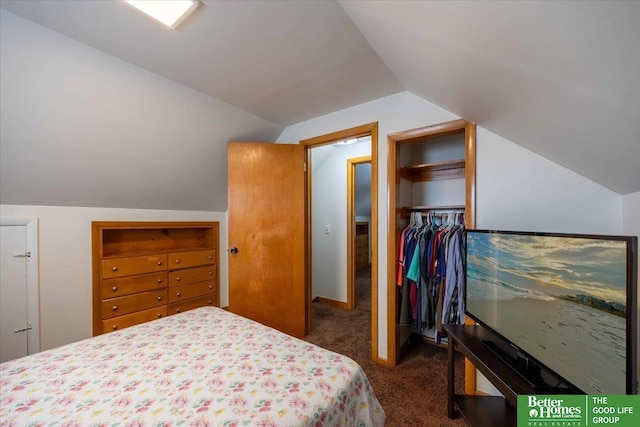 bedroom with dark colored carpet, lofted ceiling, and a closet