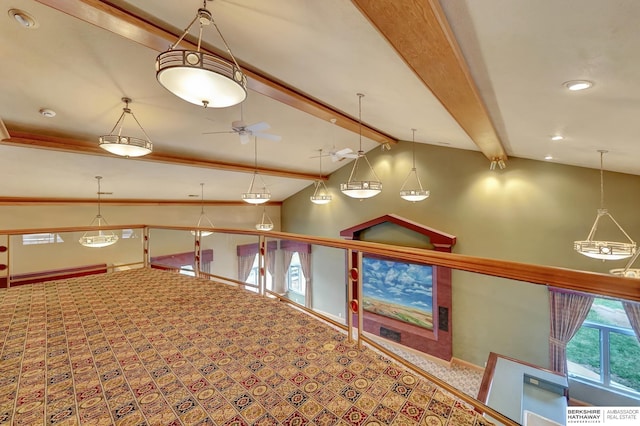 hallway featuring lofted ceiling with beams and carpet floors