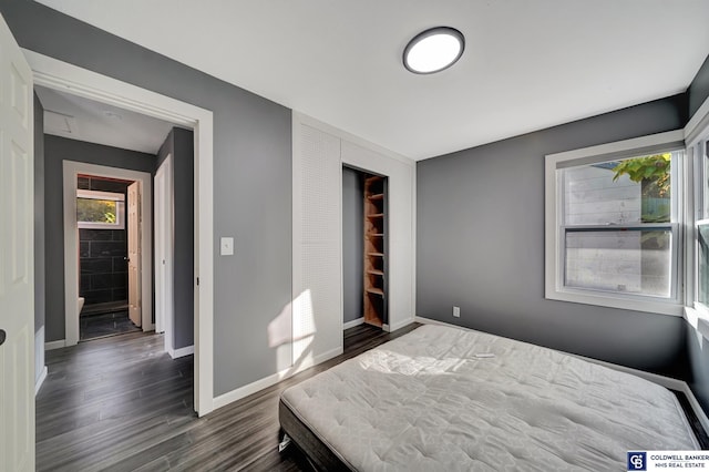 bedroom featuring dark hardwood / wood-style floors and a closet