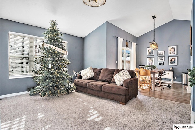 living room with hardwood / wood-style floors and lofted ceiling