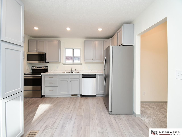 kitchen featuring gray cabinetry, sink, light hardwood / wood-style floors, a textured ceiling, and appliances with stainless steel finishes