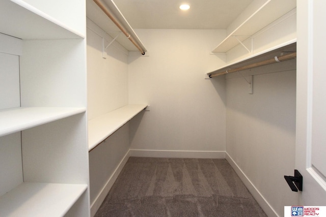 walk in closet featuring dark carpet