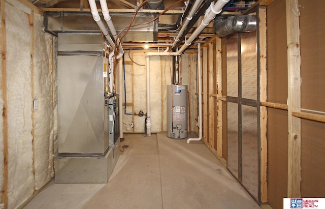 basement with gas water heater and heating unit