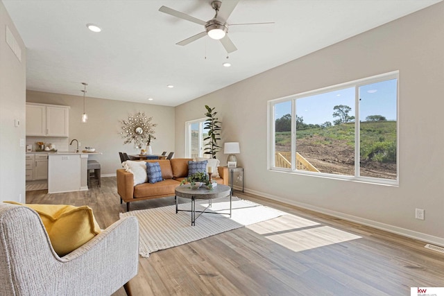 living room featuring ceiling fan, sink, and light hardwood / wood-style flooring