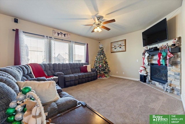 living room with carpet flooring and ceiling fan